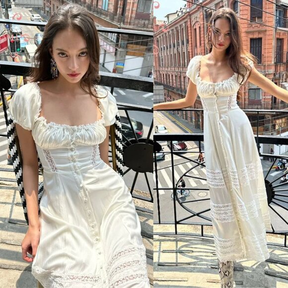 House of CB Eviana Ivory Real Silk Lace Puff Sleeve Maxi Dress - Picture 3 of 17